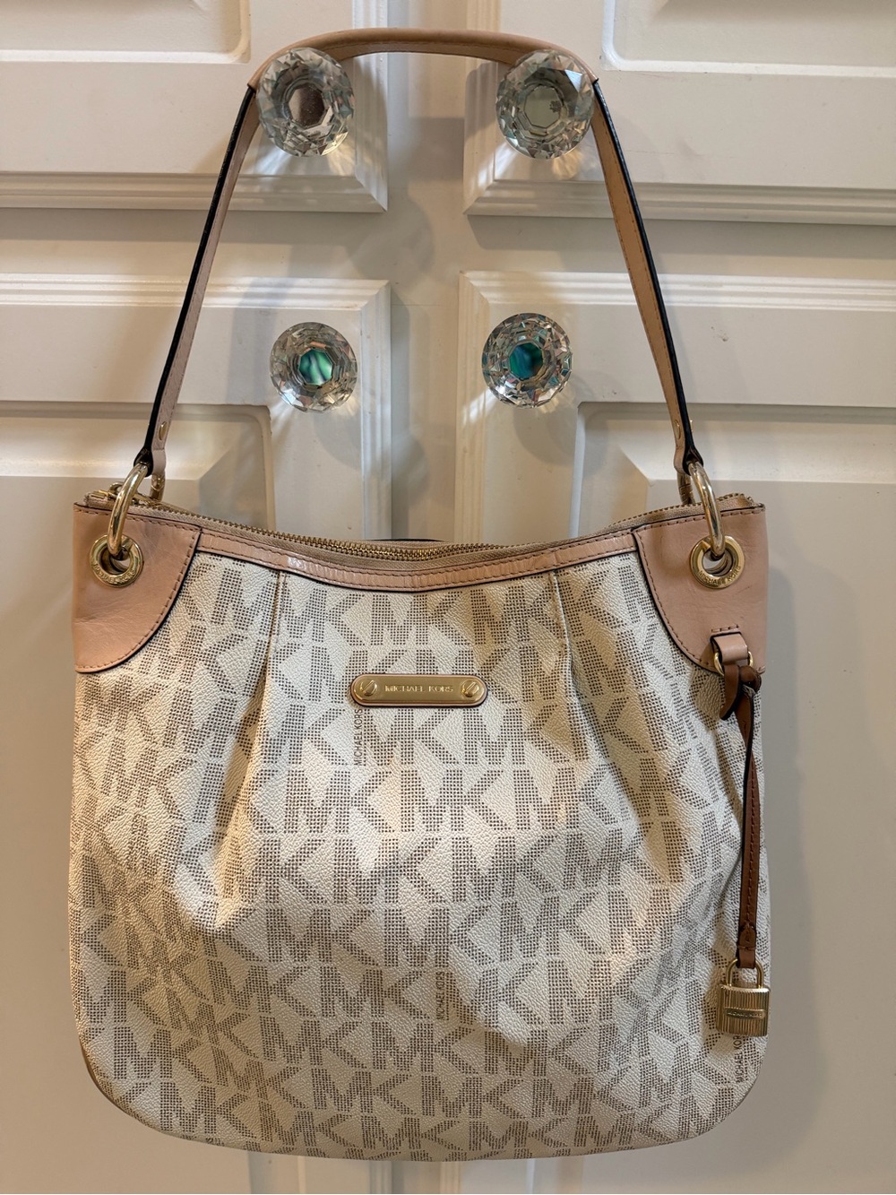 Authentic Michael Kors Beige Signature MK Hobo Bag